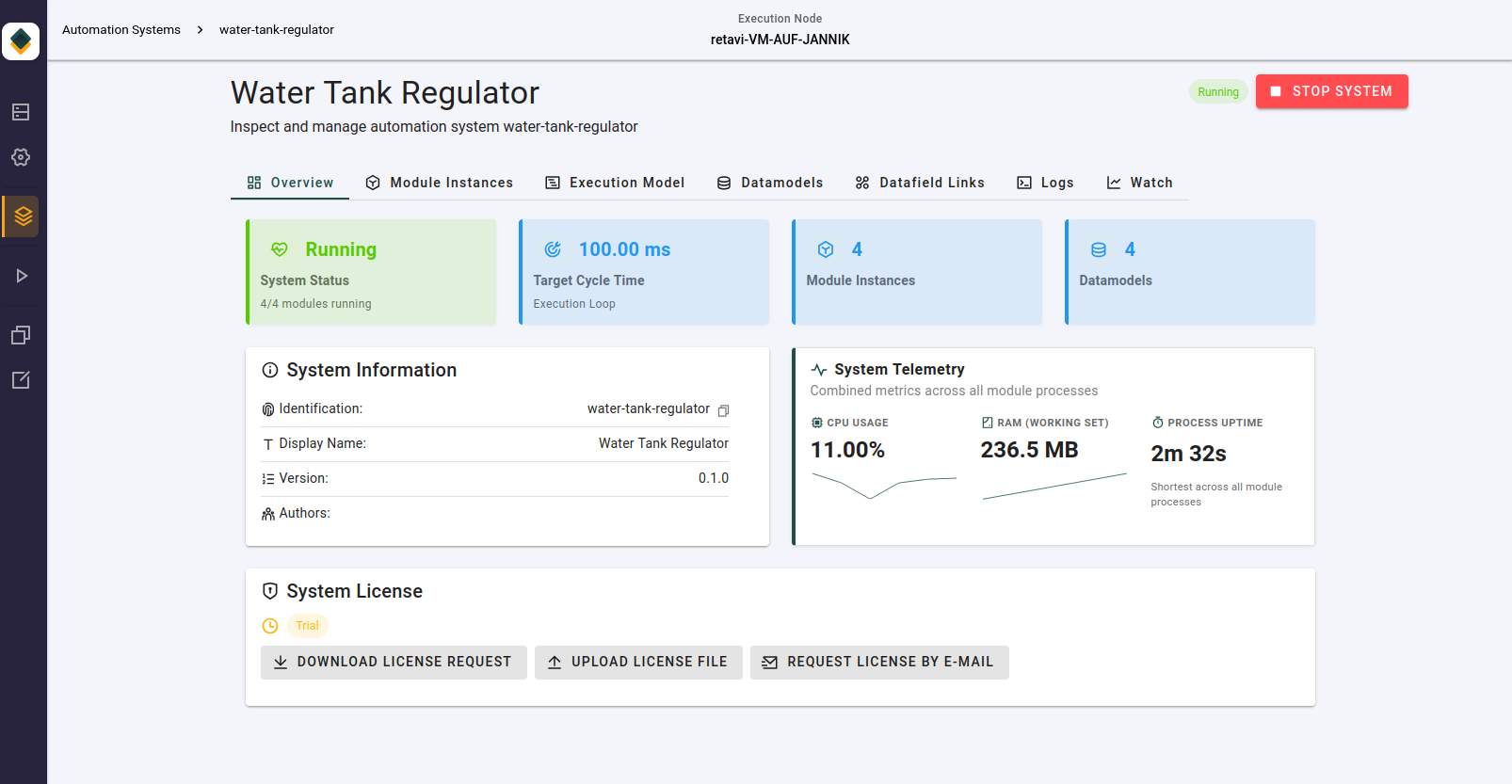 Monitoring console showing live runtime values of a retavi control system